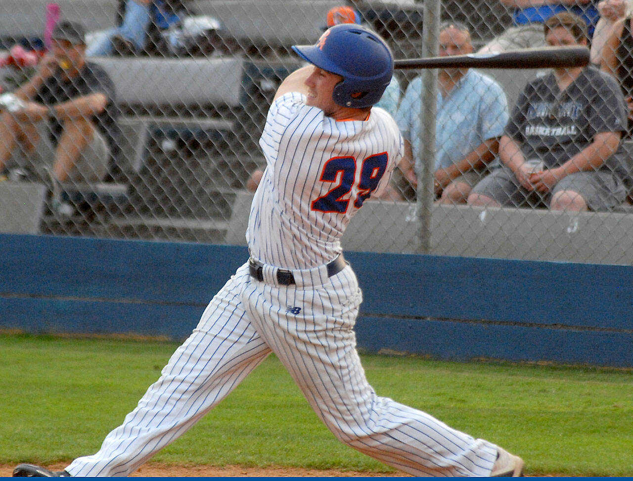 Lefties designated hitter Luke Sanders bats against Portland in Port Angeles in August. (Keith Thorpe/Peninsula Daily News)
