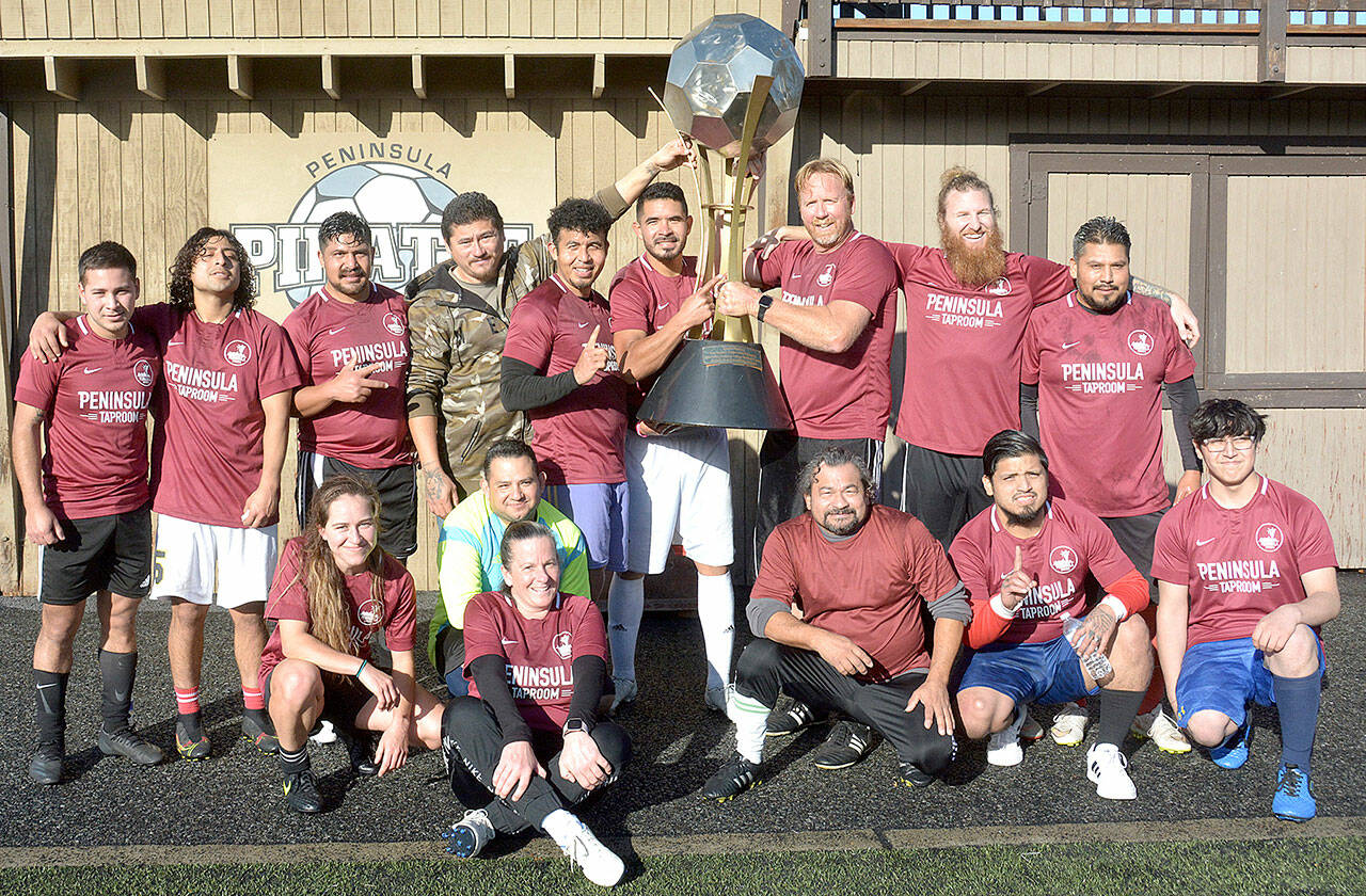 Salazar Painting won the championship of the Peninsula Adult Soccer League on Sunday with a 5-2 win over Windermere. From left, back row are Raul Medina, Abisai Garcia, Felix Morales, Sergio Arriola, Juan Carlos Cisneros, Pablo Salazar, Dave Brenckenridge, Nick Allen and Juan Carlos Salgado. From left, front row, are Sabrina Wilk, Tina Breckenridge, Armando Sanchez, Sergio Yanez, Manuel Gonzalez and Javier Mora. (Courtesy photo)