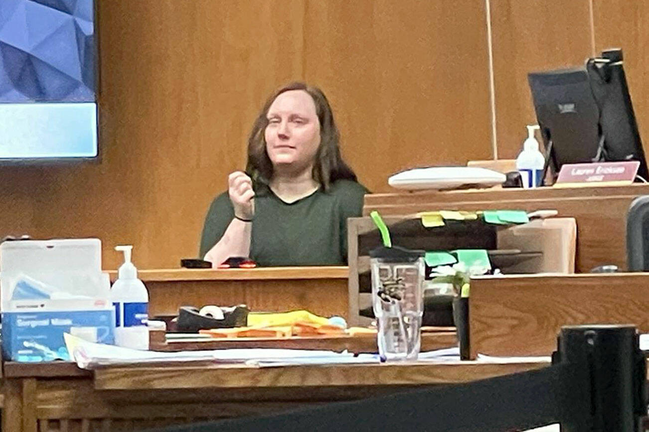 Kallie Ann LeTellier testifies Tuesday at Dennis Bauer’s triple-murder trial. (Paul Gottlieb/Peninsula Daily News)
