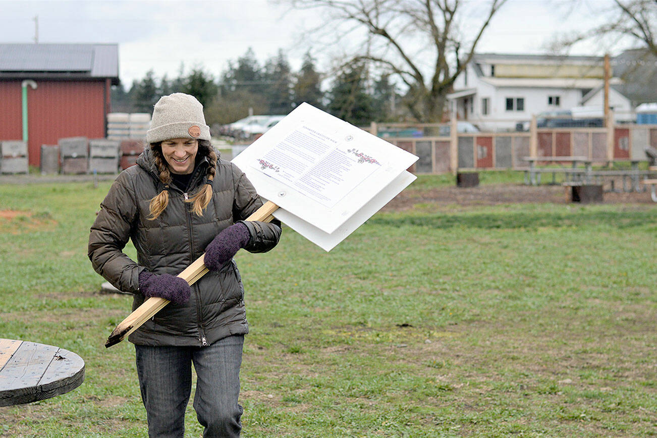 Crystie Kisler of Finnriver Farm & Cidery in Chimacum is creating a “gratitude walk,” a short stroll dotted with messages that give thanks for the land and waters surrounding the place. The walk is open to the public this weekend. (Diane Urbani de la Paz/Peninsula Daily News)