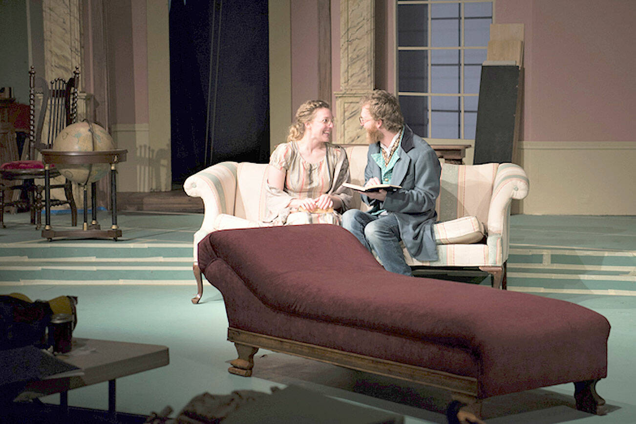 Mary Bennet (Merrin Packer) and Arthur DeBourgh (Matt Forrest) are a bookish, sometimes awkward pair who meet in “Miss Bennet: Christmas at Pemberley,” the romantic comedy opening Friday at the Port Angeles Community Playhouse. (Photo courtesy Mahina Hawley)