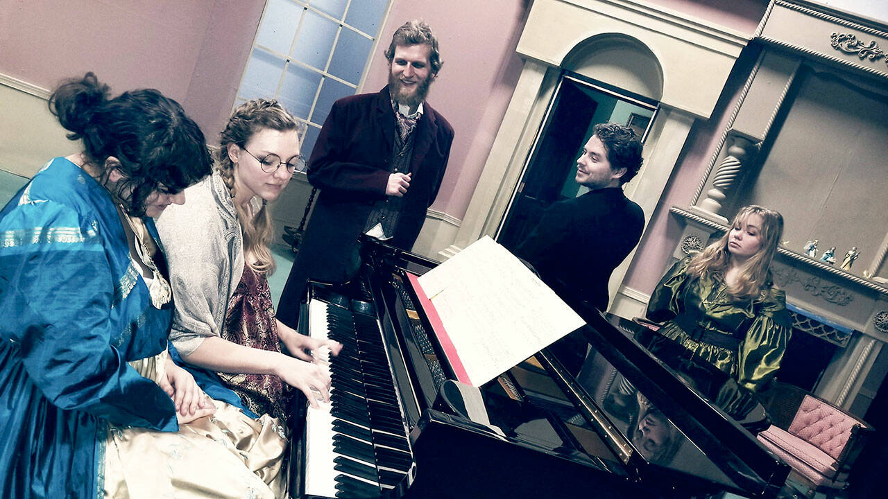 Awkward love and personal transformation are explored in the play “Miss Bennet: Christmas at Pemberley,” starring, from left, Juliette Burnette, Merrin Packer, Matt Forrest, Steve Canepa and Dana Duffy. The show opens Friday at the Port Angeles Community Playhouse. (Photo courtesy Matt Moore)