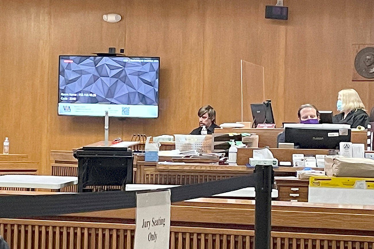 Jared Bauer, Dennis Bauer’s son, testifies in his father’s triple-murder trial Wednesday in Clallam County Superior Court. (Rob Ollikainen/For the Peninsula Daily News)