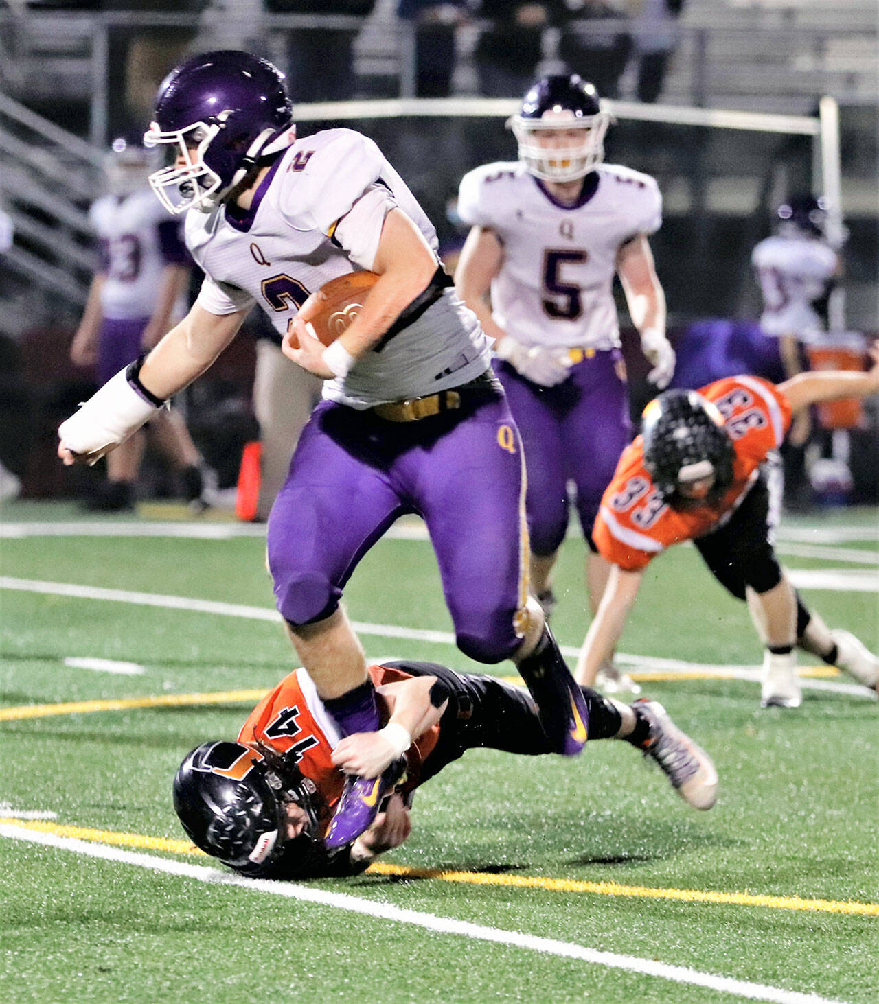 Quilcene’s Bishop Budnek totaled 240 rushing yards and four touchdowns on 37 carries in the Rangers’ 36-12 semifinal win over Odessa. Budnek earned a WIAA Athlete of the Week honor for his efforts. (Roger Harnack/Cheney Free Press)