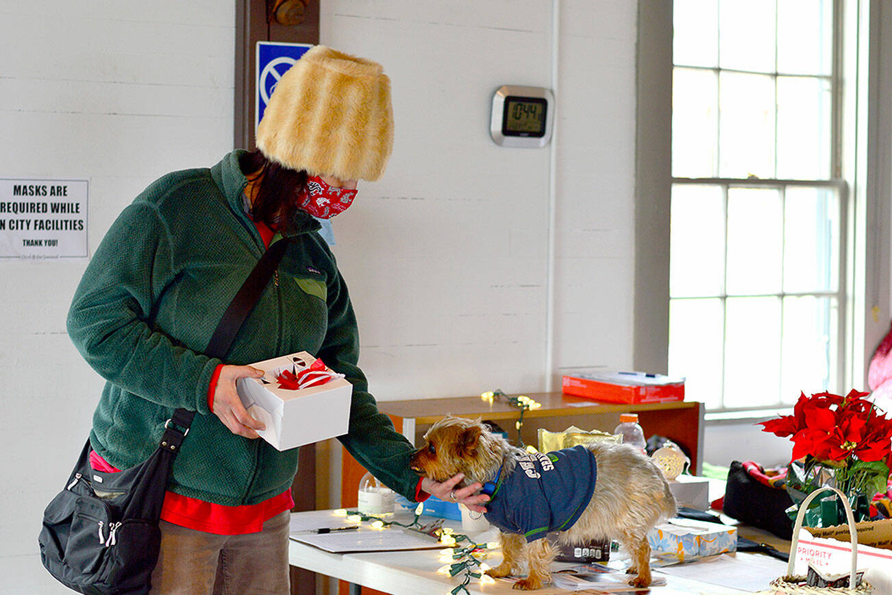 Winter Welcoming Center staffer Lisa Anderson greets Half-Pint, the terrier who spends mornings at the center in Port Townsend's Pope Marine Building. Diane Urbani de la Paz/Peninsula Daily News
