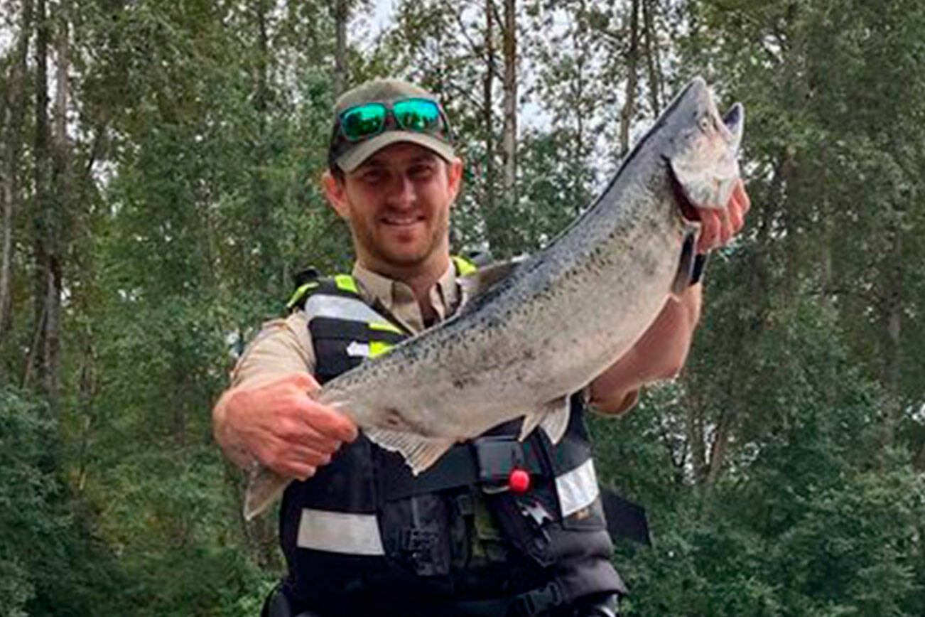 New rafts donated to Washington Department of Fish & Wildlife were used to great effect this summer, fishing advocates say, providing the means to effectively patrol smaller rivers. On a day when a number of citations for violations were written, WDFW officer Patrick Murray holds up a wild chinook an angler had kept after cutting off the adipose fin. (Photo courtesy of WDFW)