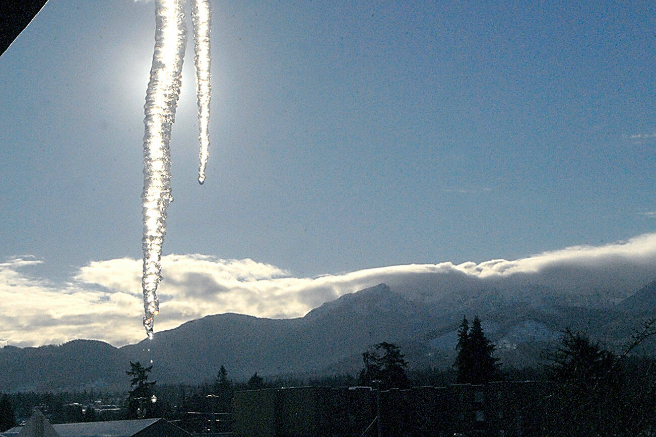 Keith Thorpe/Peninsula Daily News
A pair of icicles hang from rooftop in Port Angeles as the temperature rose to just above freezing under the winter sun. Temperatures are expected to moderate in the coming week, signaling a return to seasonal conditions.