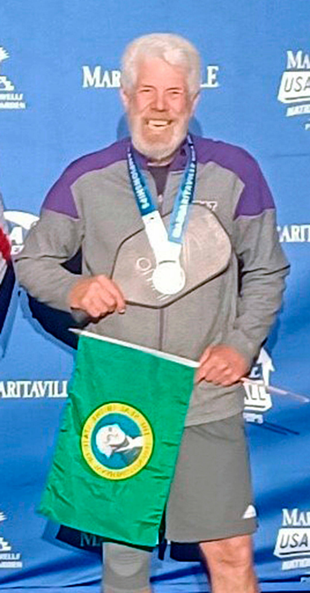 Sequim Picklers member Steve Bennett, at right, won a silver medal in the 3.5 Men’s Singles 75-plus category at the 2021 USA Pickleball Nationals in Indian Wells, Calif. Bennett was one of seven Sequim Picklers members to compete at the national tournament.