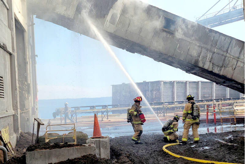 No one was hurt in a fire at the Port Townsend Paper Mill on Saturday afternoon. East Jefferson Fire Rescue firefighters were called to the mill at 2:40 p.m. after a blaze began in an enclosed conveyor belt carrying wood chips into the mill and spread into the sixth floor, according to fire district spokesperson Phyllis Speser. The fire sent a black cloud into the sky, according to reports. The blaze in the conveyor belt was put out by 3:16 p.m. and the sixth floor fire at 3:31 p.m., Speser said. The cause remained under investigation on Sunday. Assisting were Port Ludlow Fire & Rescue, Clallam County Fire District 3, Poulsbo Fire Department and Quilcene Fire Rescue. (East Jefferson Fire Rescue)