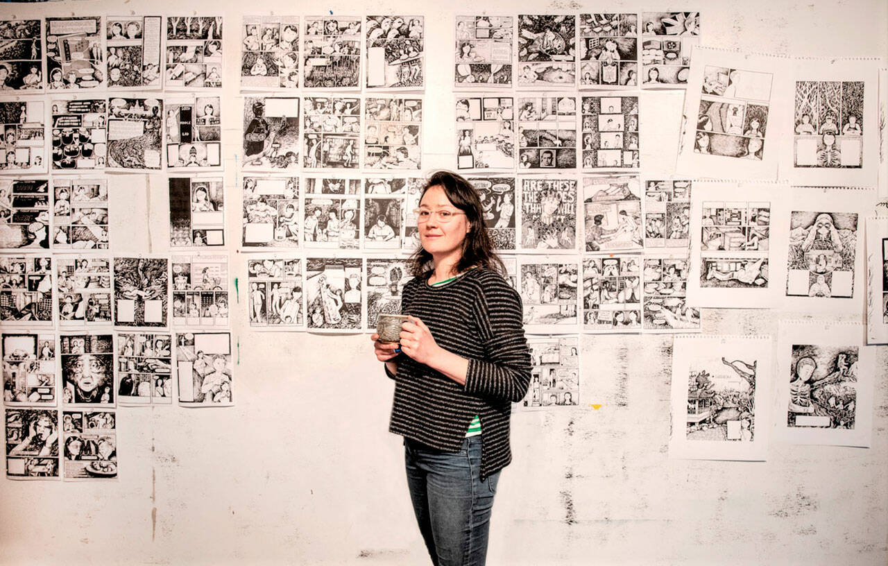 Tessa Hulls, pictured with artwork for her graphic memoir "Feeding Ghosts," is the featured artist in 2022's inaugural First Friday Speaker Series program this Friday. The Jefferson County Historical Society hosts the online talk, part of a triptych of Chinese American Voices. photo by Hall Anderson