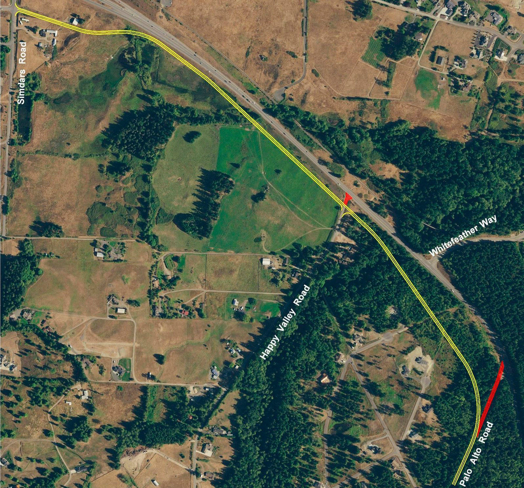 One of the proposed options for the U.S. 101 East Sequim Road Project includes building a frontage road that diverts Happy Valley and Palo Alto Roads from the highway and to Simdars Road. Photo courtesy WSDOT