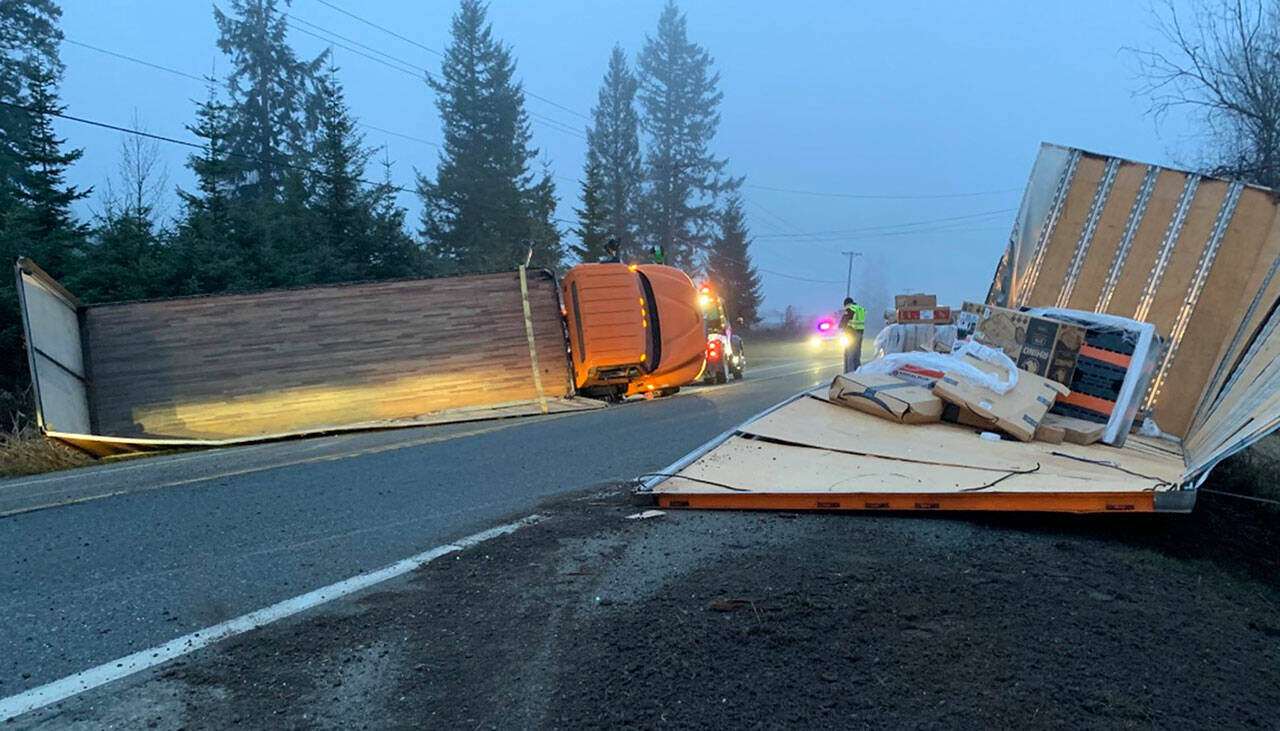 Photo courtesy of State Patrol
A semi truck driver was transported to Olympic Medical Center with minor injuries after his truck rolled east of Sequim.