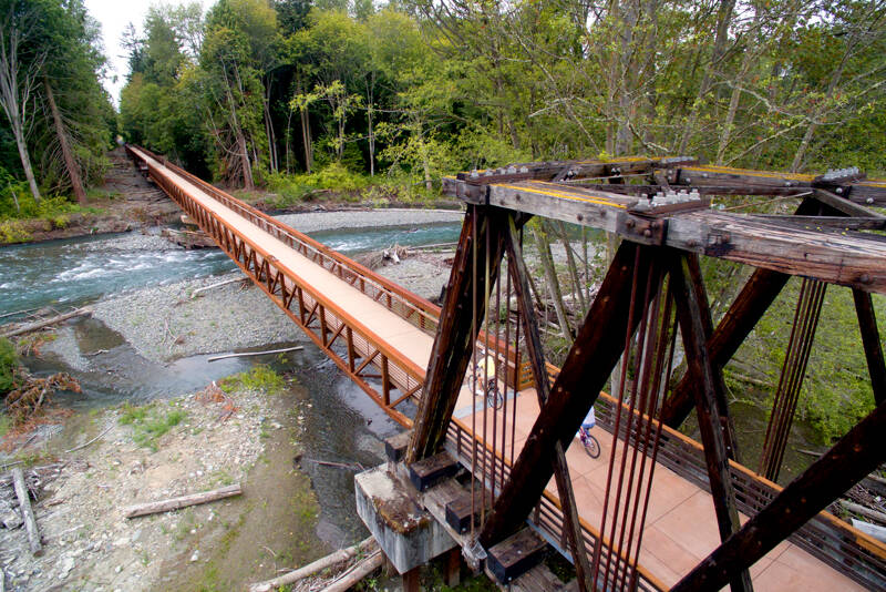 The Railroad Bridge outside the Dungeness River Nature Center is pictured looking west from the parking lot and buildings. (John Gussman)