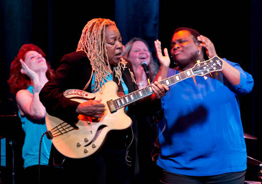 The Blues Is a Woman ensemble — including, from left, Pamela Rose, Pat Wilder, Kristen Strom and Daria “Shani” Johnson — brings its theatrical show to the Port Angeles High School Performing Arts Center this Saturday. (Blues Is a Woman)