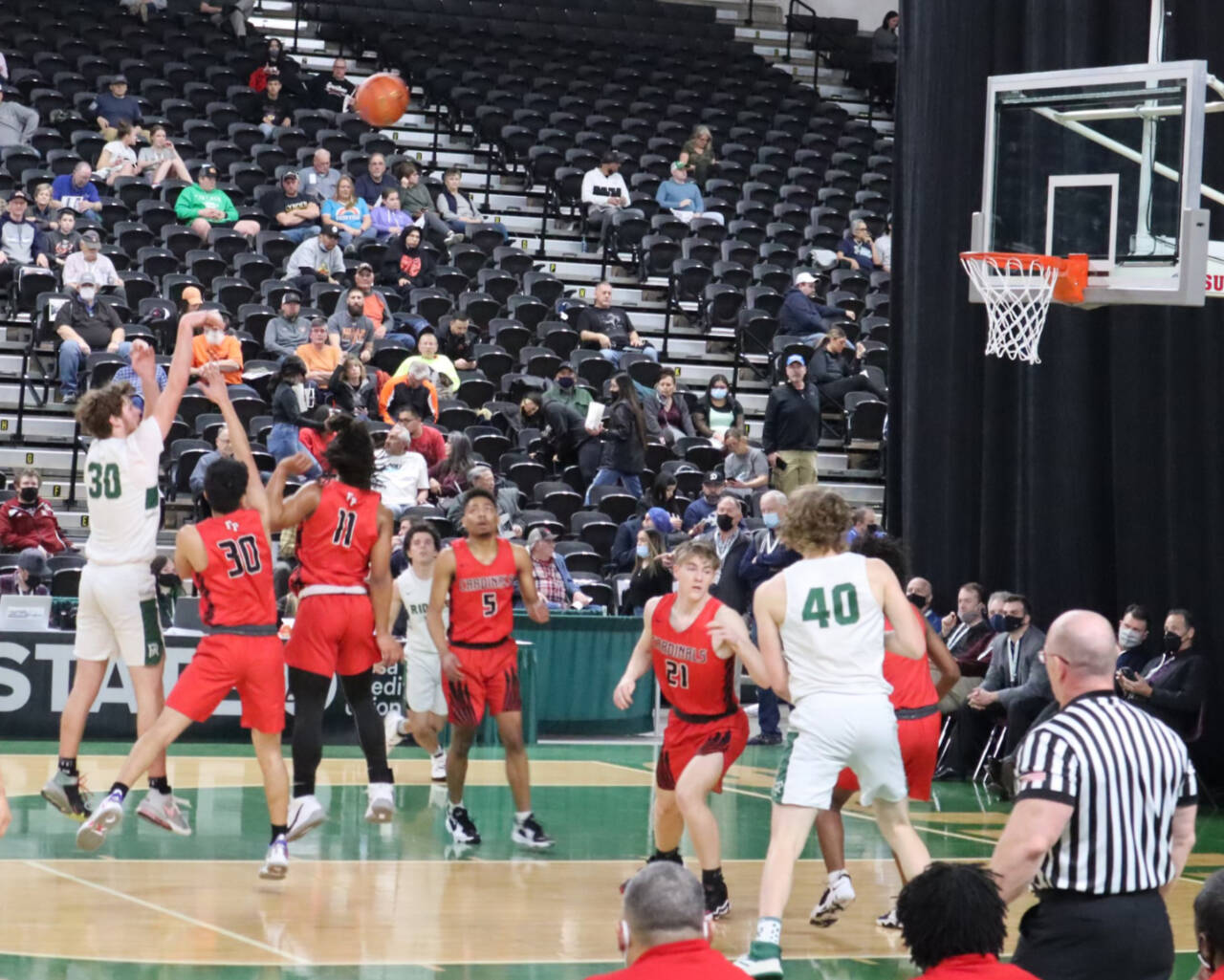 Port Angeles' Wyatt Dunning shoots a 3-pointer against Franklin Pierce on Wednesday night in Yakima. (Photo courtesy of Jason Wheeler)
