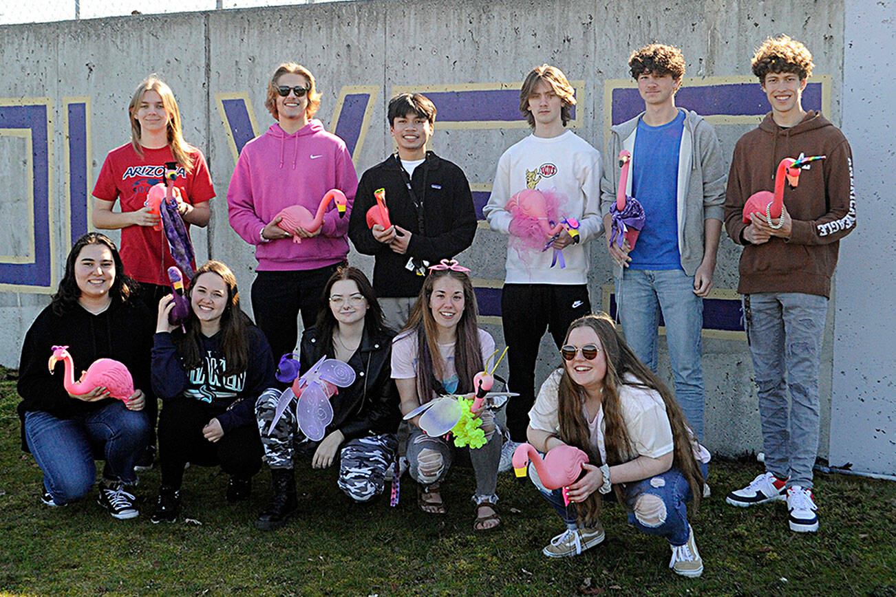 Matthew Nash/Olympic Peninsula News Group

The fundraiser for Sequim High’s Class of 2022 graduation party placing flamingos on lawns started last Sunday. Pictured on the first night, are from top left, Tyler Lawson, Harrison Bell, Kristian Mingoy, Kaden Sleeper, Duke Anderson, Adrian Brown; bottom left, Alisa Bibaj, Desara Bibaj (sophomore), Madison McKeown, Jordan Hegtvedt, and Abigail Carlson.