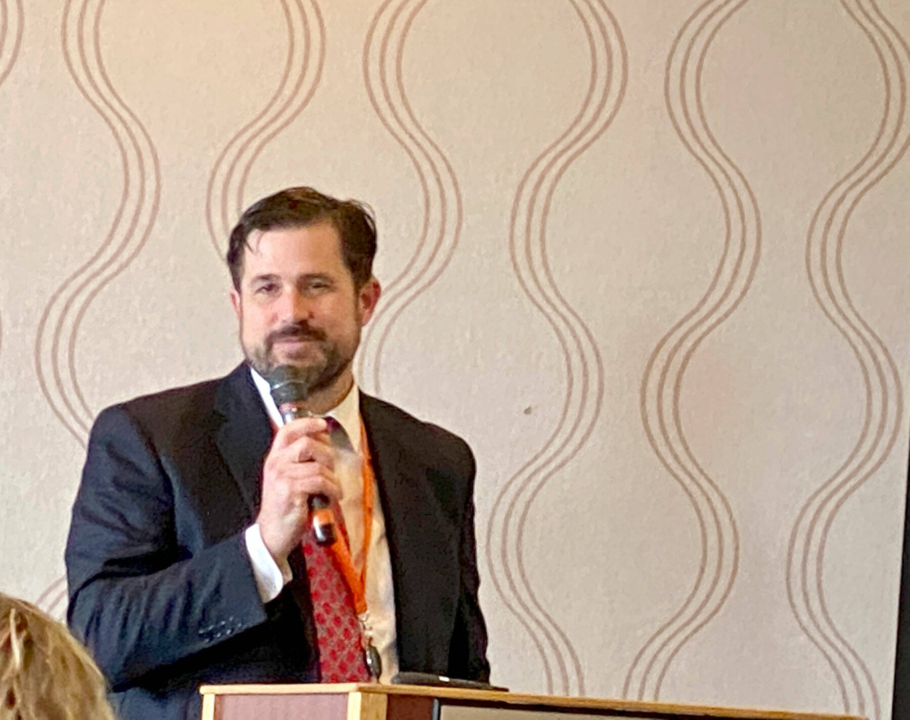 Port Angeles City Manager Nathan West gives his State of the City address at a Chamber of Commerce luncheon at the Red Lion Hotel. (Ken Park/Peninsula Daily News)