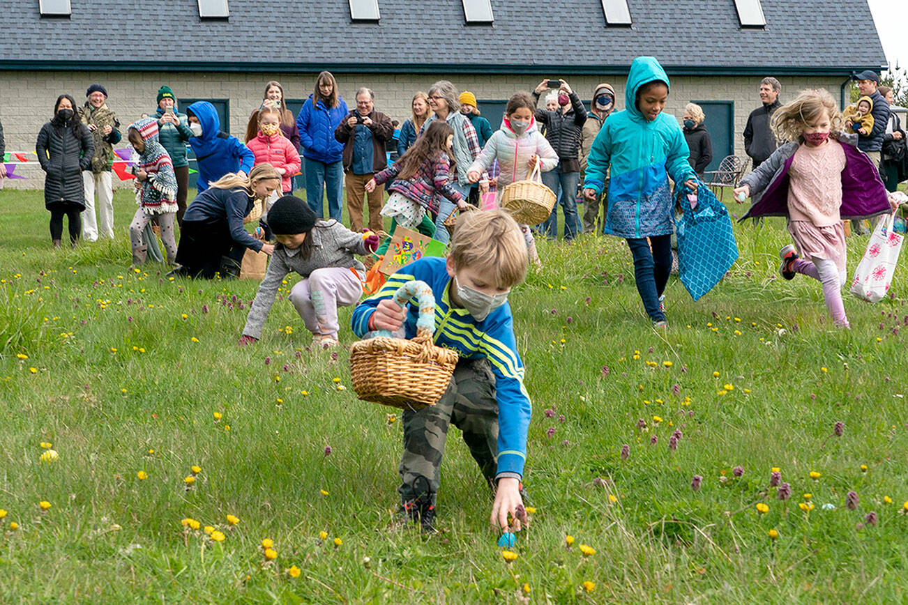 Grant Axling, 8, has his eyes set on a blue egg ready for plucking during an Easter egg hunt at Fairwinds Winery on Saturday. About 50 kids ranging in age from 2 to 8 took part in the first hunt on the winery grounds. (Steve Mullensky/for Peninsula Daily News)