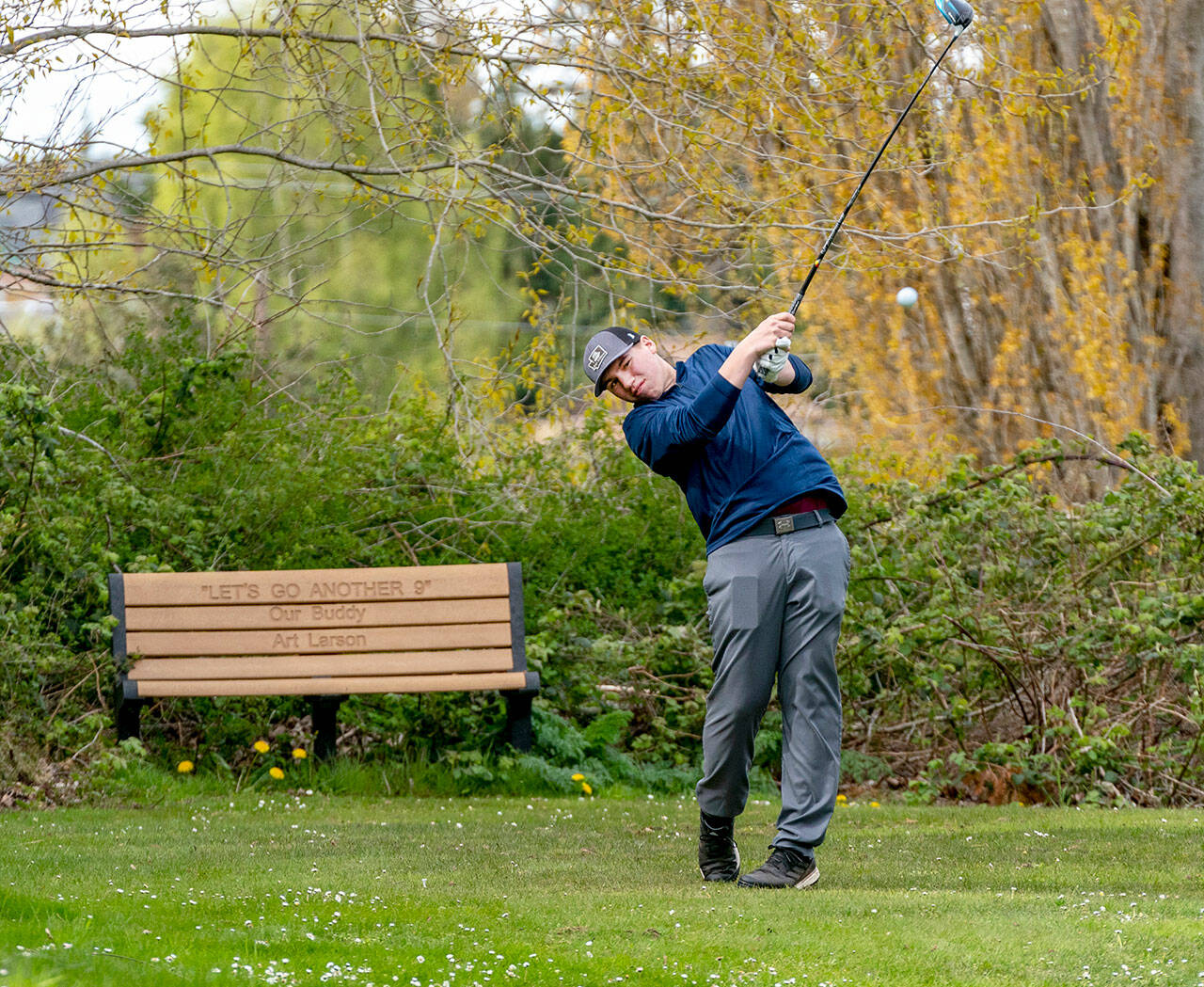 East Jefferson sophomore Lane Liske hit his drive on the opening hole of the East Jefferson Invitational Golf Tournament at Port Townsend Golf Course on Thursday.
Steve Mullensky/for Peninsula Daily News