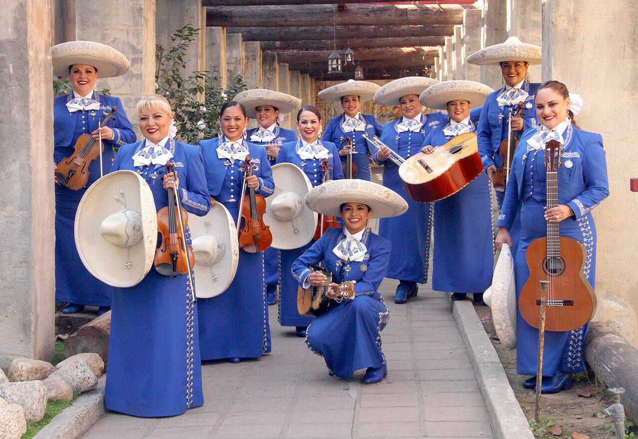 Guitarist Angelica Hernández, far right, dreamed as a girl of joining the Mariachi Reyna de Los Angeles. She’ll arrive with the ensemble this Wednesday for a concert in Port Angeles. (photo courtesy Mariachi Reyna de Los Angeles)