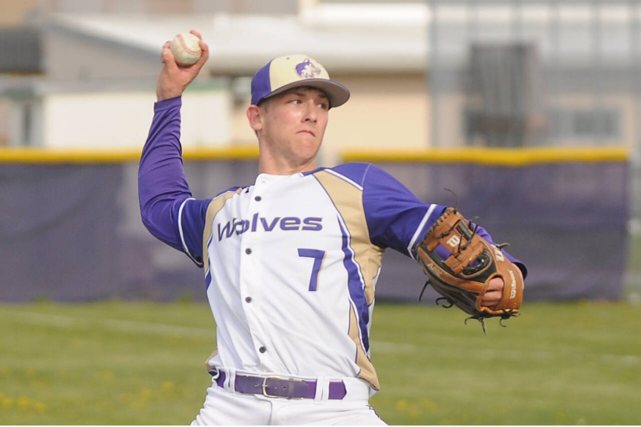 Sequim’s Connor Bear throws a pitch against North Mason on Monday. Bear and teammate Ricky Jennings combined to throw a one-hitter in a 5-1 win. (Michael Dashiell/Olympic Peninsula News Group)