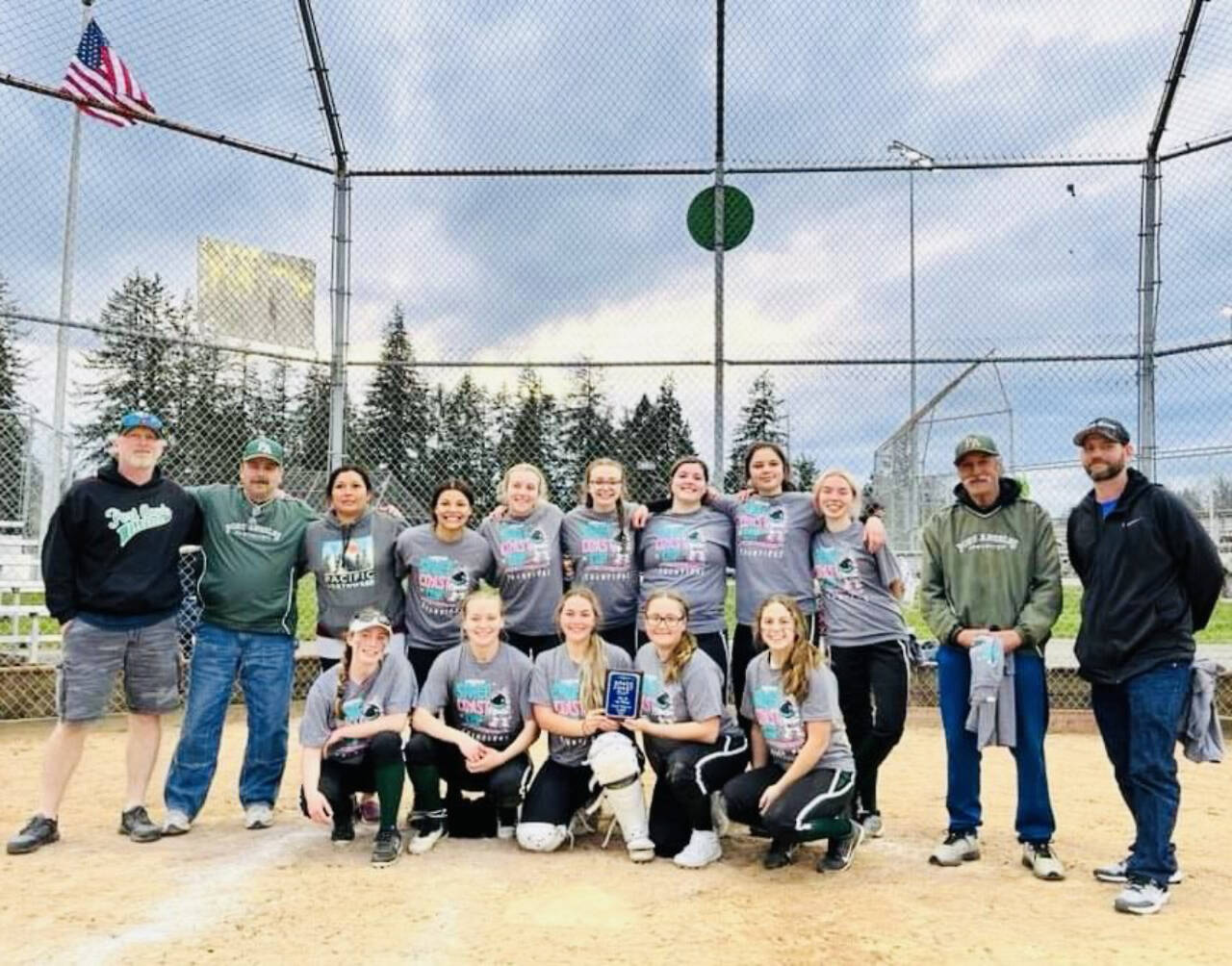 The Port Angeles Illusion Fastpitch 18U girls won the championship Sunday at the US Specialty Sports Association Space Coast Qualifier in Olympia. The girls won a paid berth to the Space Coast Cup regional Championship in Viera, Fla., in late June. From left, standing are coach Bucky Johnston, coach Warren Stevens and coach Leeah Faris, players Taylee Rome, Ava Sheahan, Macy Aumock, Jadeah Nordberg, Alyssa Vendenberg, Jill Begley, and coaches Rick Pennington and Greg Faris. From left, sitting, are Mikkhia Stevens, Cydne Moore, Mikki Green, Cheyenne Zimmer and Jocy Kazlauskas.