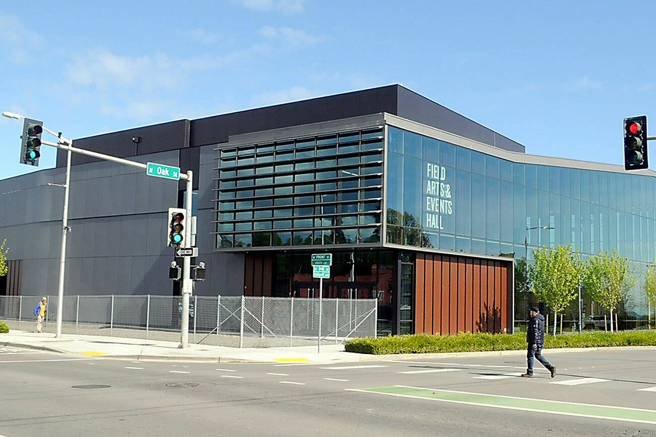 The Field Arts & Events Hall on the Port Angeles waterfront sits idle on Tuesday while awaiting the resumption of work to complete the facility. (Keith Thorpe/Peninsula Daily News)