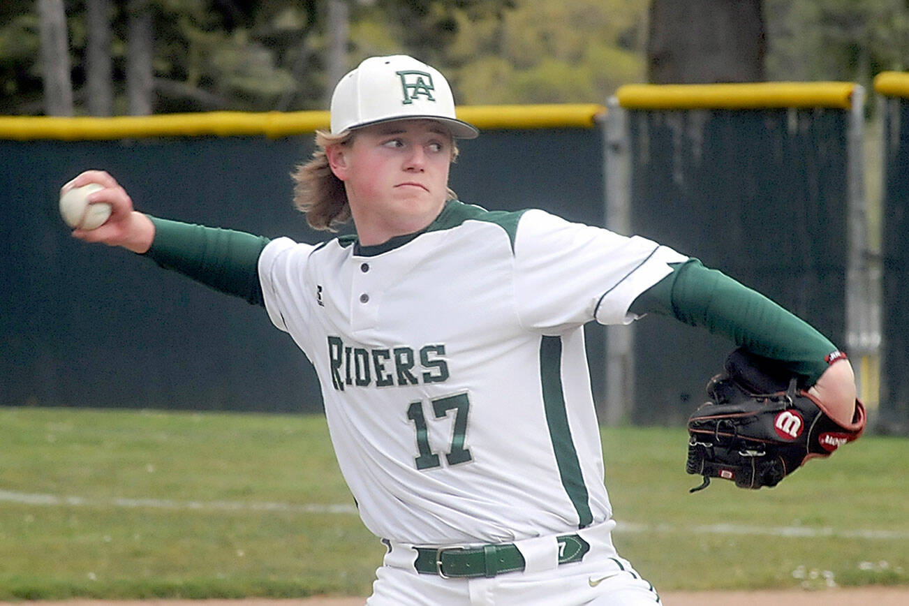 Keith Thorpe/Peninsula Daily News
Port Angeles pitcher Elijah Flodstrom throws in the second inning on Tuesday against Franklin Pierce at Volunteer Field in Port Angeles.