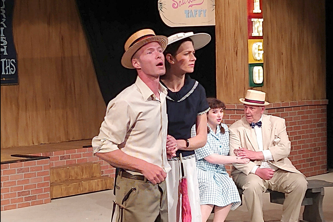Henry Antrobus (Gabe Mills) helps his mom (Deanna Eikhoff) look for whales in Atlantic City, while his sister, Gladys (Juliette Burnette) tells her dad (Mark Valentine) how deep the ocean is.