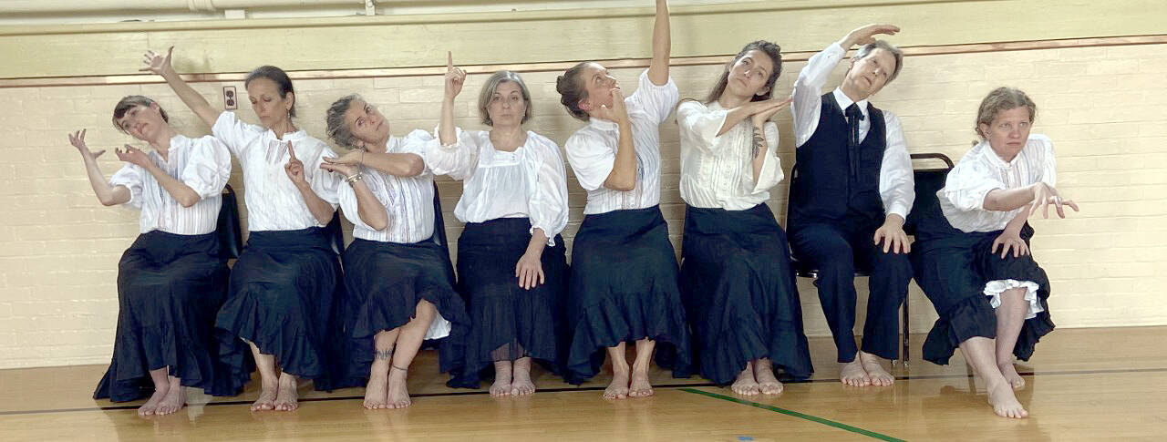 Dancers in Colony, choreographed by Bill Evans, are, from left, Stephanie Sanders, Lisa Fores, Rae Kala, Camille Hildebrandt, Abbie Doll, Aili Emilia, Don Halquist and Ashley A. Friend. Friend will be replaced by Anna Hansen this weekend.