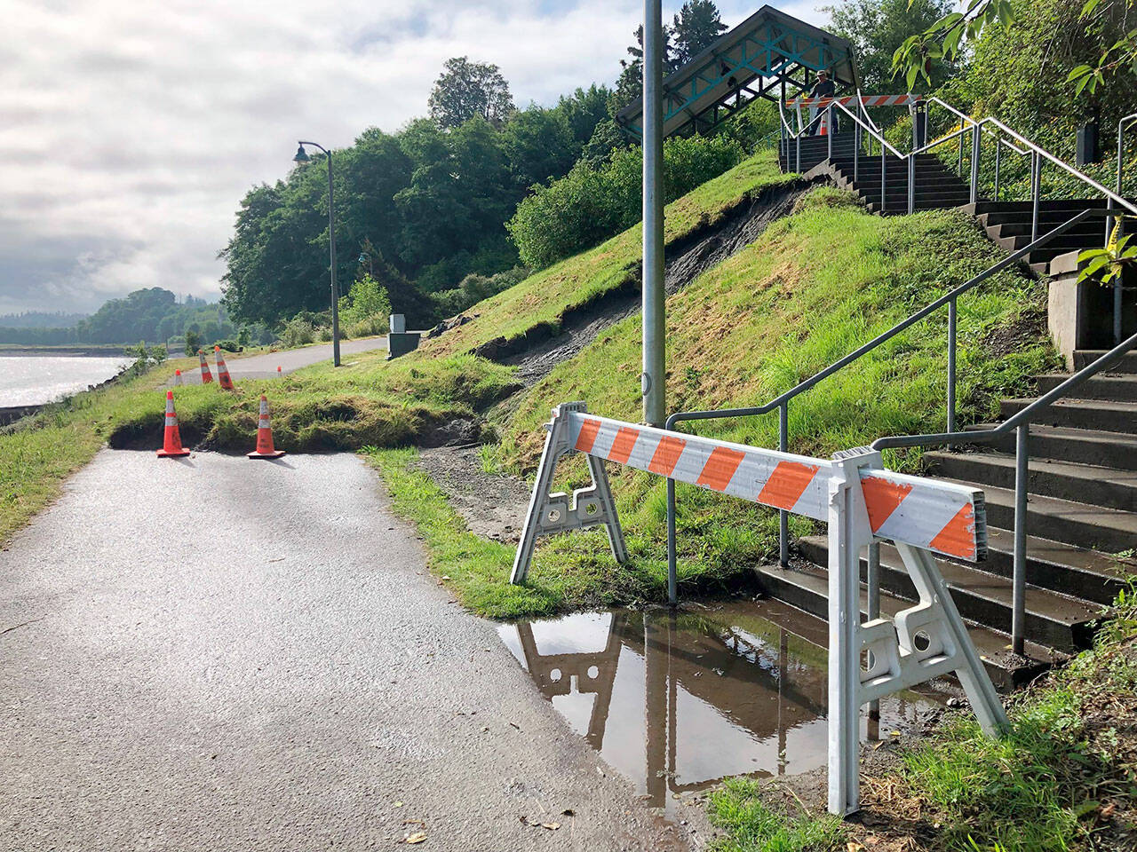 A mudslide has closed the Olympic Discovery Trail and the staircase to the 9/11 Memorial Waterfront park.