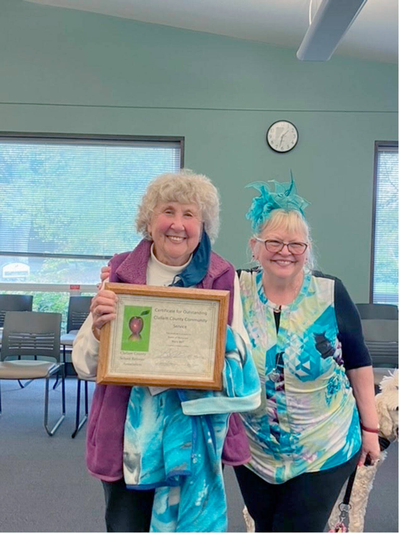 Mary Bell, left and Lora Brabant. Bell was honored with the Clallam County School Retirees Association Community Service Award.