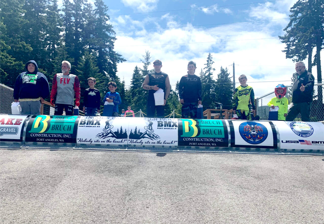 The Lincoln Park BMX Track held its annual Race for Life Fundraiser this past weekend with funds going to the Leukemia and Lymphoma Foundation. The track raised more than $6,600 this year. Some of the fundraisers were, from left, Kodiak Adkins, Wayne Goldsbary, Bradan Gray, Bennett Gray, Andy Goldsbary, Cash Coleman, Zebastian Ferrier-Dixon, Braedyn Monette (the top fundraiser at $1,174), and track operator Sean Coleman. (Courtesy photo)