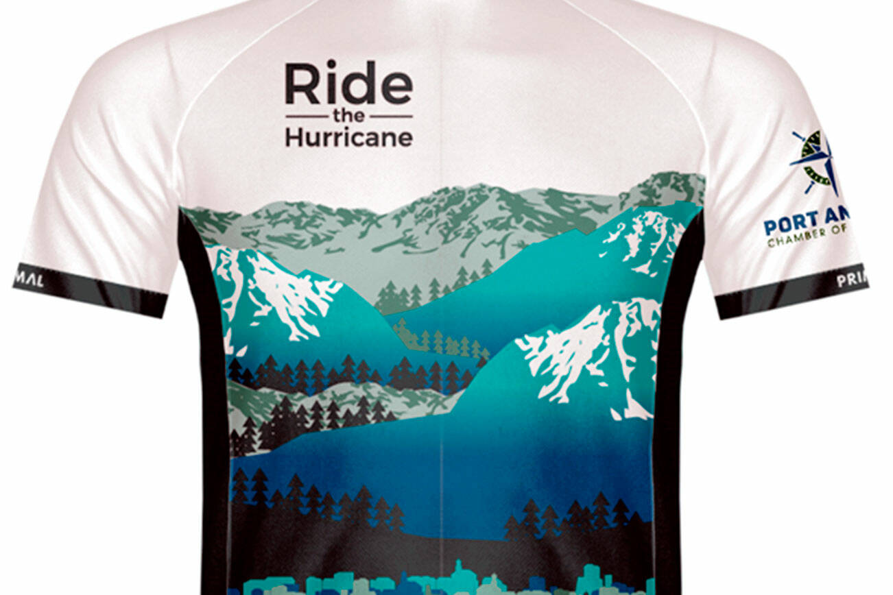 The front side of the 2022 Ride the Hurricane cyclist jersey. Today is the final day to order a jersey for the Aug. 7 ride presented by the Port Angeles Chamber of Commerce.
