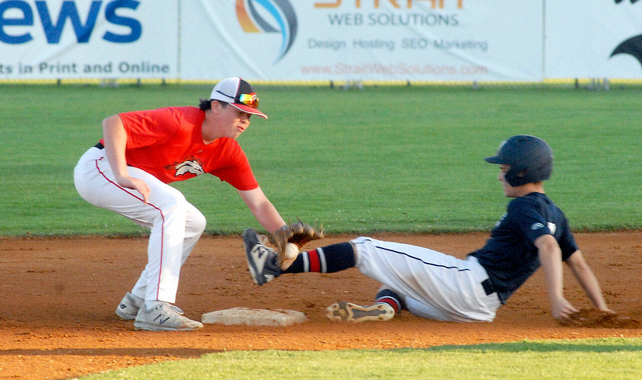 Wilder’s Logan Olson, right, makes it to second, beating the throw to WBS Colts Red shortstop Grady Smith in last year’s Dick Brown Tournament in Port Angeles. (Keith Thorpe/Peninsula Daily News)