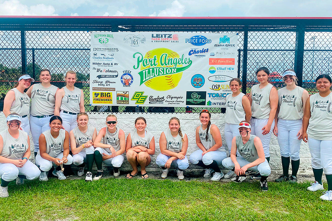The Port Angeles Illusion 18U fastpitch softball team recently went 5-0-1 and won the championship in the High School Open divsion of the USSSA Space Coast Cup Super Regional Tournament in Melbourne, Fla. Team members are: Macy Aumock, Mackenzie Burke, Gracie Copeland, Michaela Green, Libby Hardee, JoCy Kazlauskas, Cydne Moore, Jadeah Nordberg, Ava-Anne Sheahan, Lizzy Soto, Mikkiah Stevens, Taylee Rome, Alyssa Vandenberg and Cheyenne Zimmer. Coaches not pictured are head coach Warren Stevens and assistants Leeah Faris, Greg Faris, Bucky Johnston and Rick Pennington.