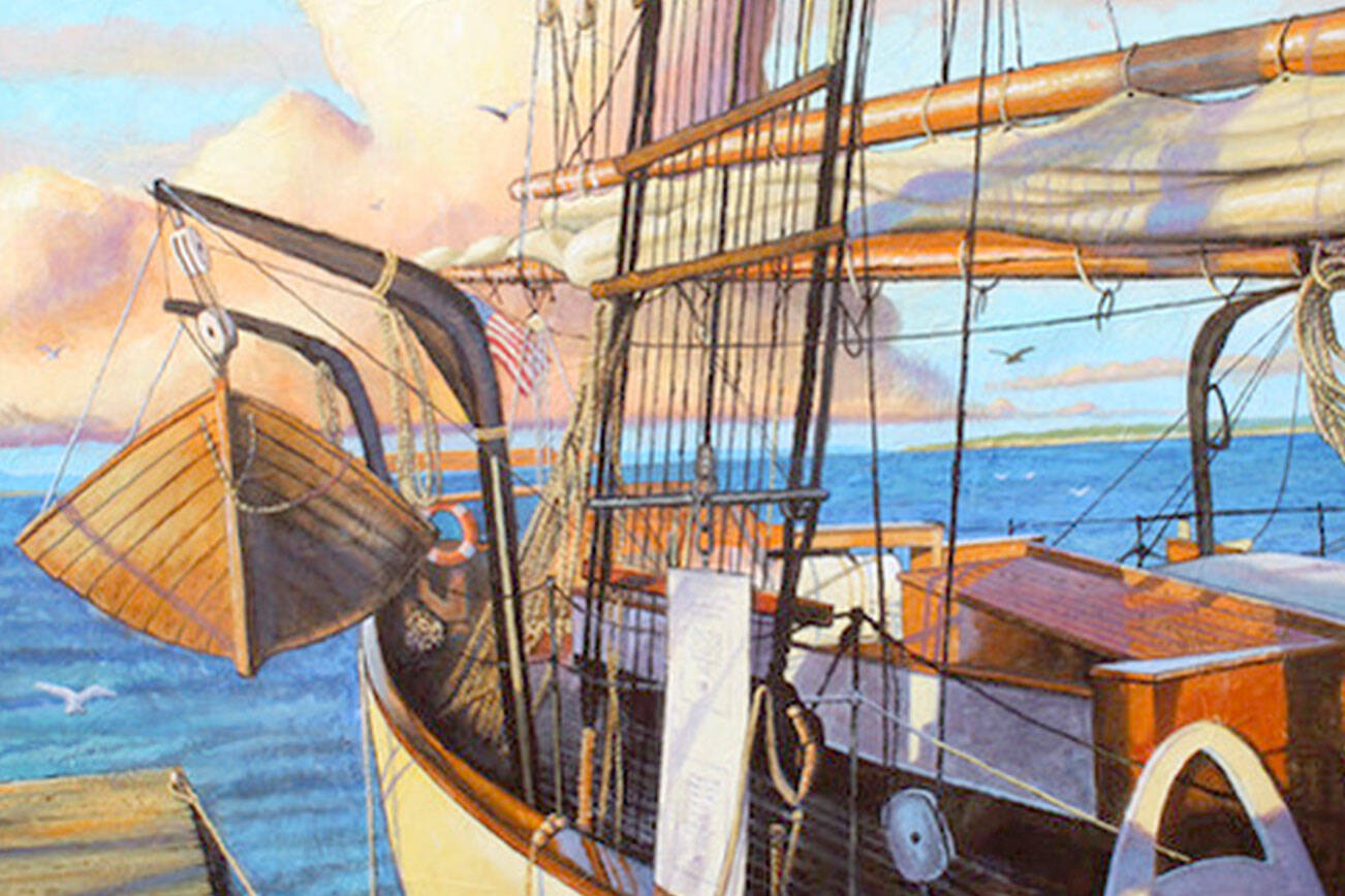 Michael Hale depicts “The Adventuress, With Ice Cream Clouds” in this painting. His work is on view at Gallery 9 in Port Townsend.