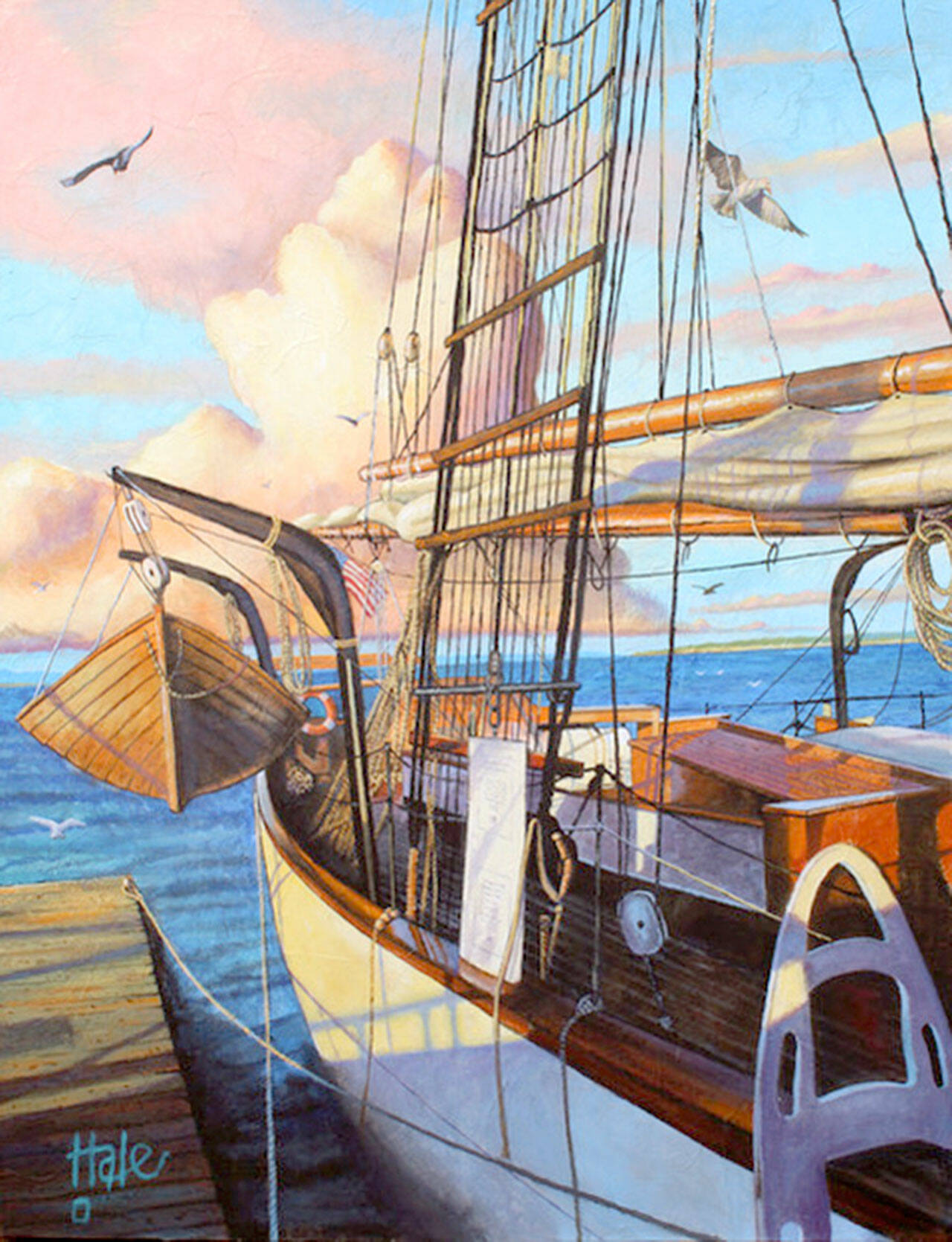 Michael Hale depicts “The Adventuress, With Ice Cream Clouds” in this painting. His work is on view at Gallery 9 in Port Townsend.