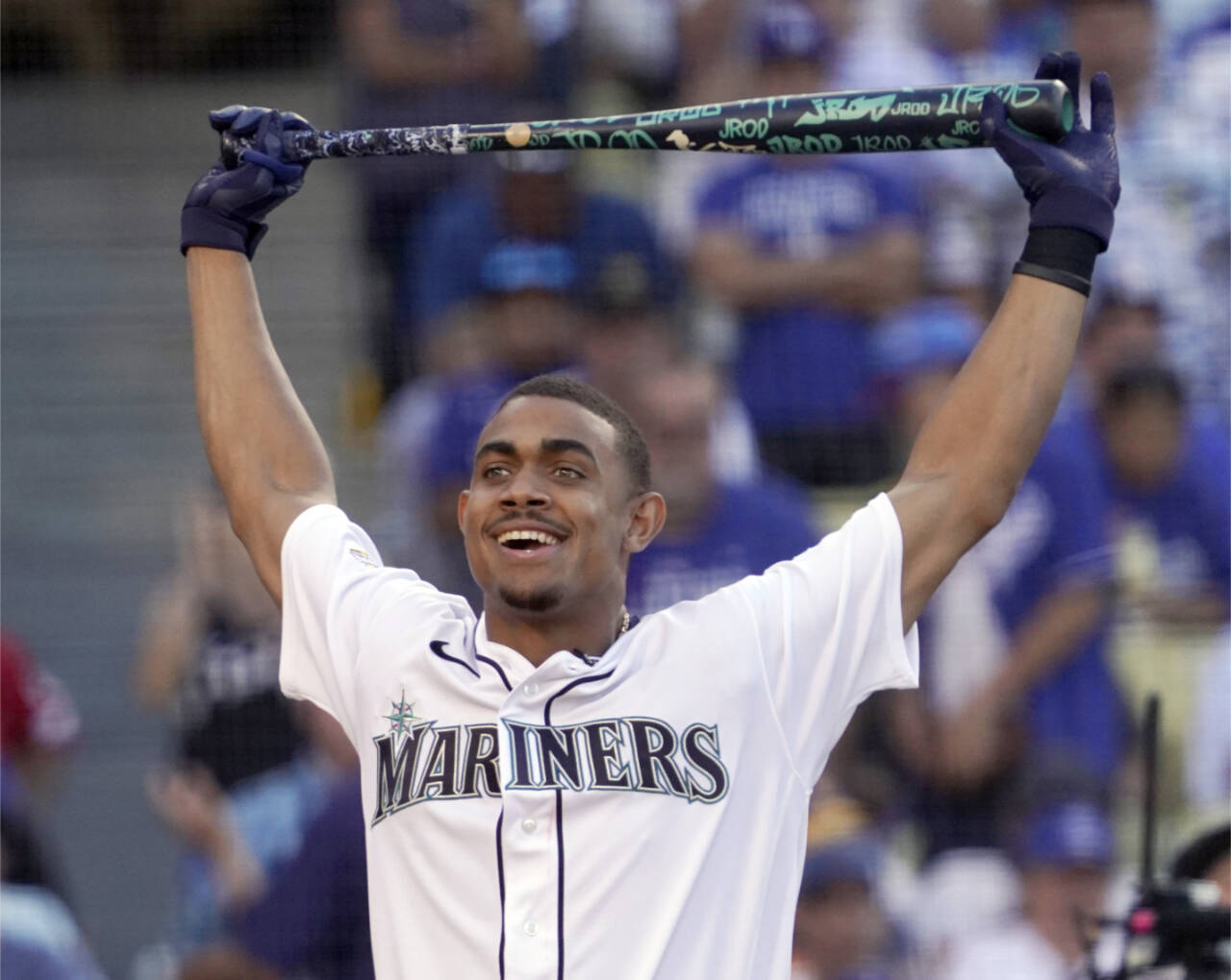 American League’s Julio Rodriguez, of the Seattle Mariners, smiles during the MLB All-Star baseball Home Run Derby, Monday, July 18, 2022, in Los Angeles. (AP Photo/Mark J. Terrill)