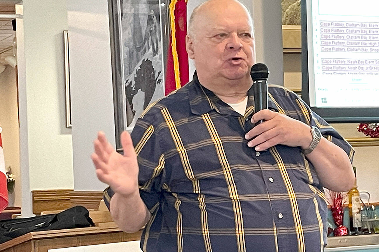 Jim Buck, the 24th Legislative District representative from 1995-2007, lays out what he called the deadly risk that old and seismically unsafe school buildings in Washington pose for children in grades K-12. A state Department of Natural Resources report released last year determined that 93 percent of the schools in a study pose extreme danger for death and entrapment to school children. (Paula Hunt/Peninsula Daily News)