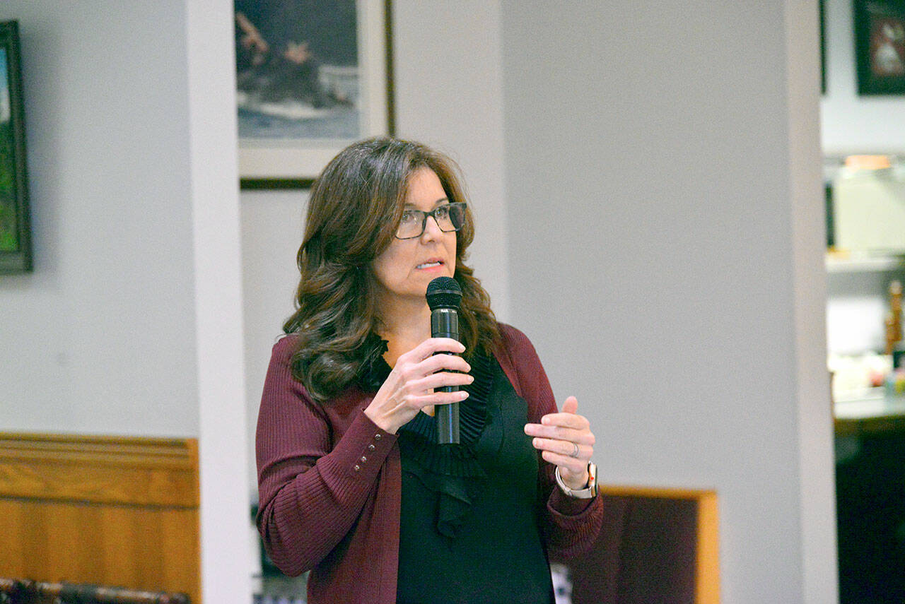 Colleen McAleer, Clallam County Economic Development Council executive director, speaks at a Port Angeles Business Association breakfast event at Joshua’s Restaurant. McAleer said that the way the state collects and uses data hurts rural communities. (Peter Segall/Peninsula Daily News)