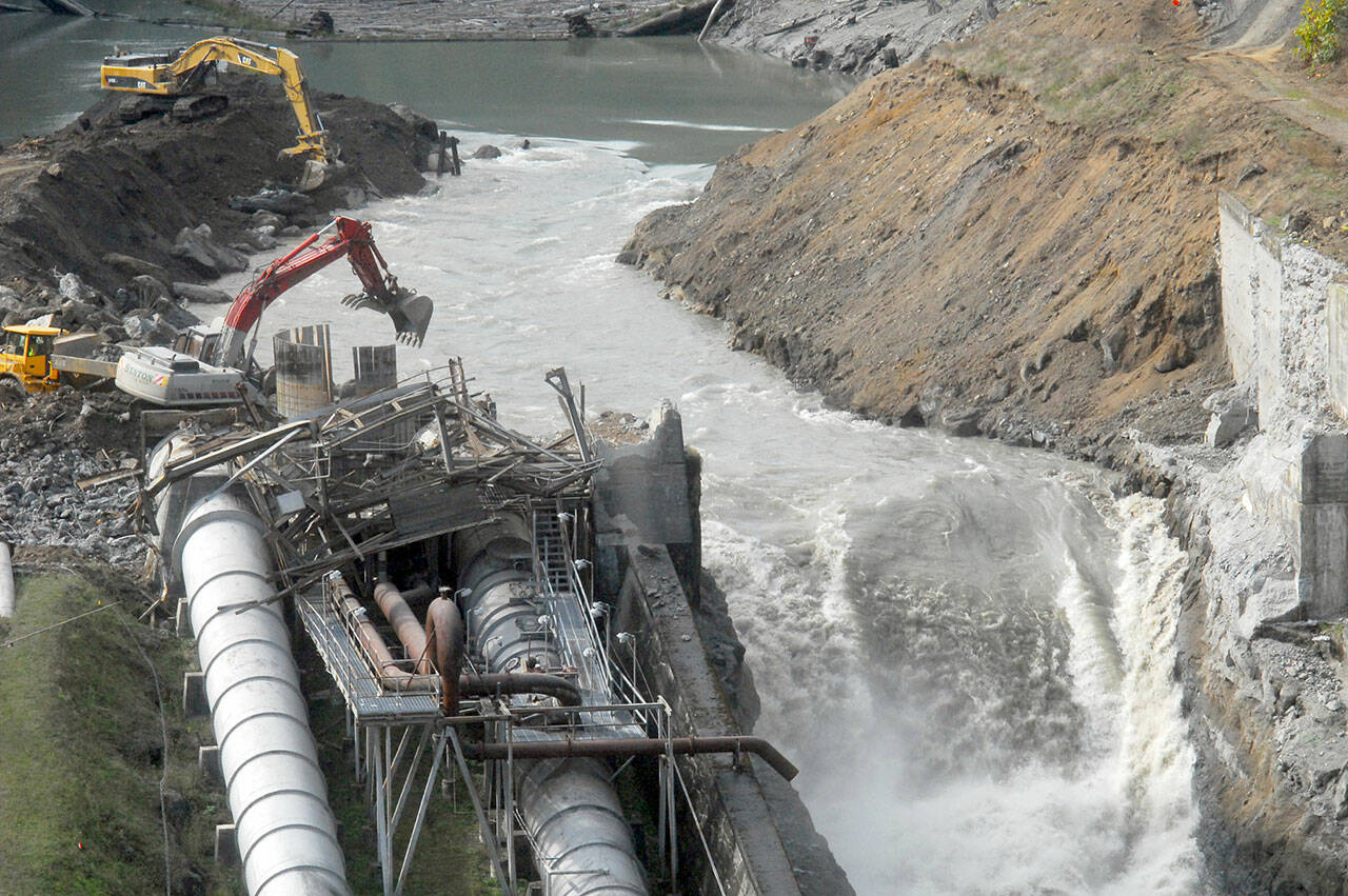 Water from the Elwha River flows unimpeded through what was once the north spillway of the former Elwha Dam on Wednesday, Oct. 19, 2011, west of Port Angeles. Demolition crews removed a coffer dam above the demolished spillway, rerouting the water from the south side of the dam site to allow deconstruction of the south side of the dam and an adjoining powerhouse. Penstocks leading to the powerhouse are visible at left. (Keith Thorpe/Peninsula Daily News file)
