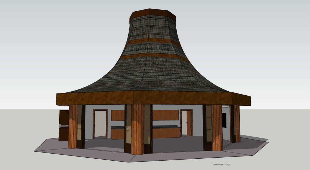 The new classroom structure at Railroad Bridge Park will include a shingled round roof that resembles a traditional “potlatch” hat. (Graphic courtesy of Dungeness River Nature Center)