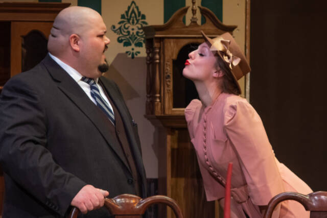 Emily Matthiessen/Olympic Peninsula News Group

Merrin Packer as Elaine Parker leans in for a kiss from self-absorbed Mortimer Brewster, played by Mario Arruda in OTA’s upcoming “Arsenic and Old Lace.”