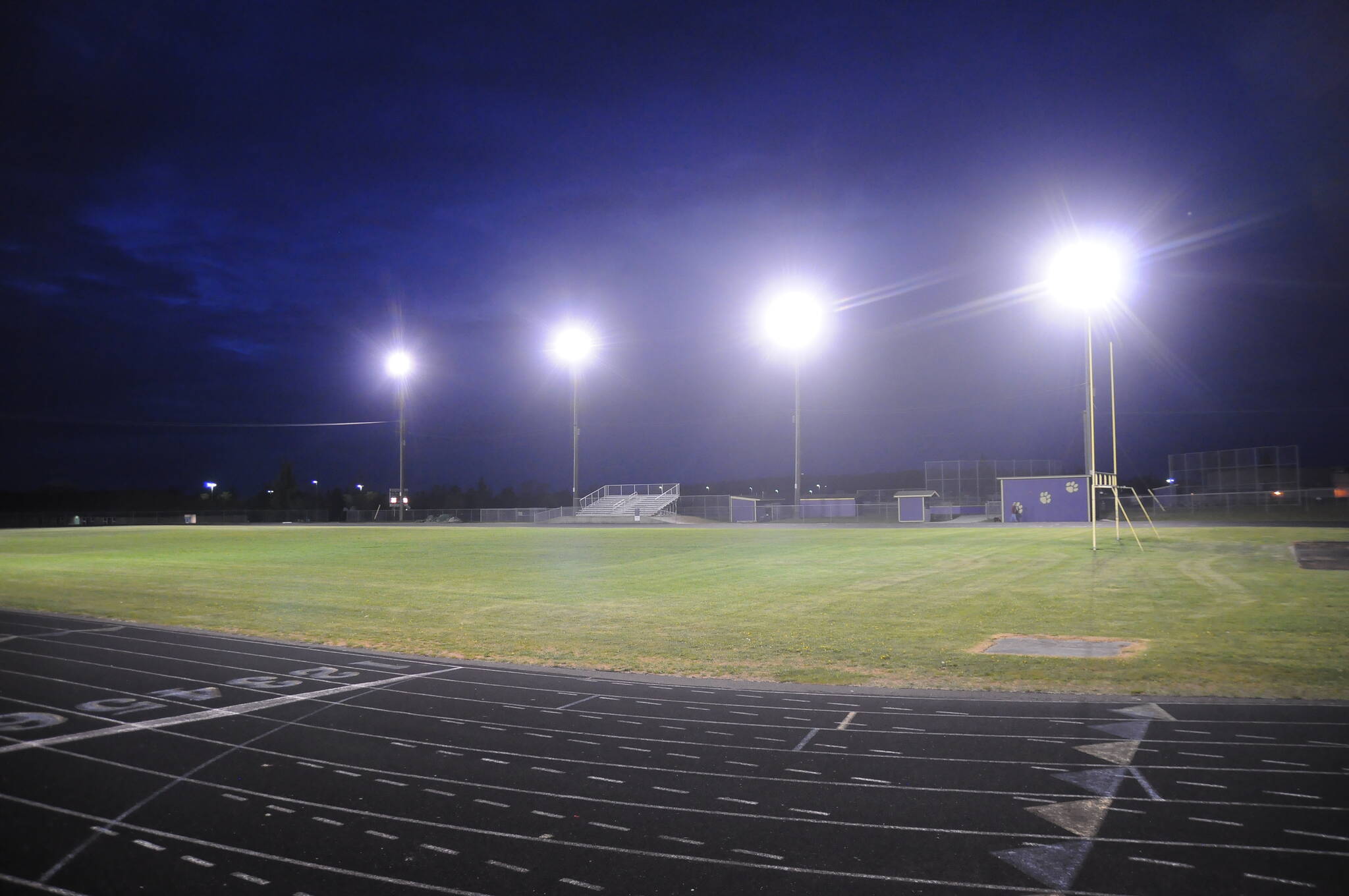 The Sequim football field sits empty during a Salute to Seniors event on April 17, 2020. The stadium and field will be named and dedicated at a ceremony before tonight’s Sequim-Bainbridge football game. (Michael Dashiell/Olympic Peninsula News Group)