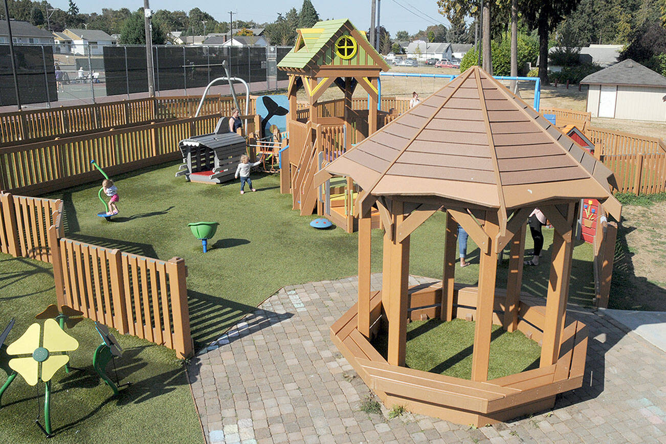 KEITH THORPE/PENINSULA DAILY NEWS
The Dream Playground at Erickson Playfield in Port Angeles, shown on Wednesday, will be closed starting today through Sunday for maintenance, including replacement of a torn section of play surface and installation of donor-sponsored bricks around the gazebo.