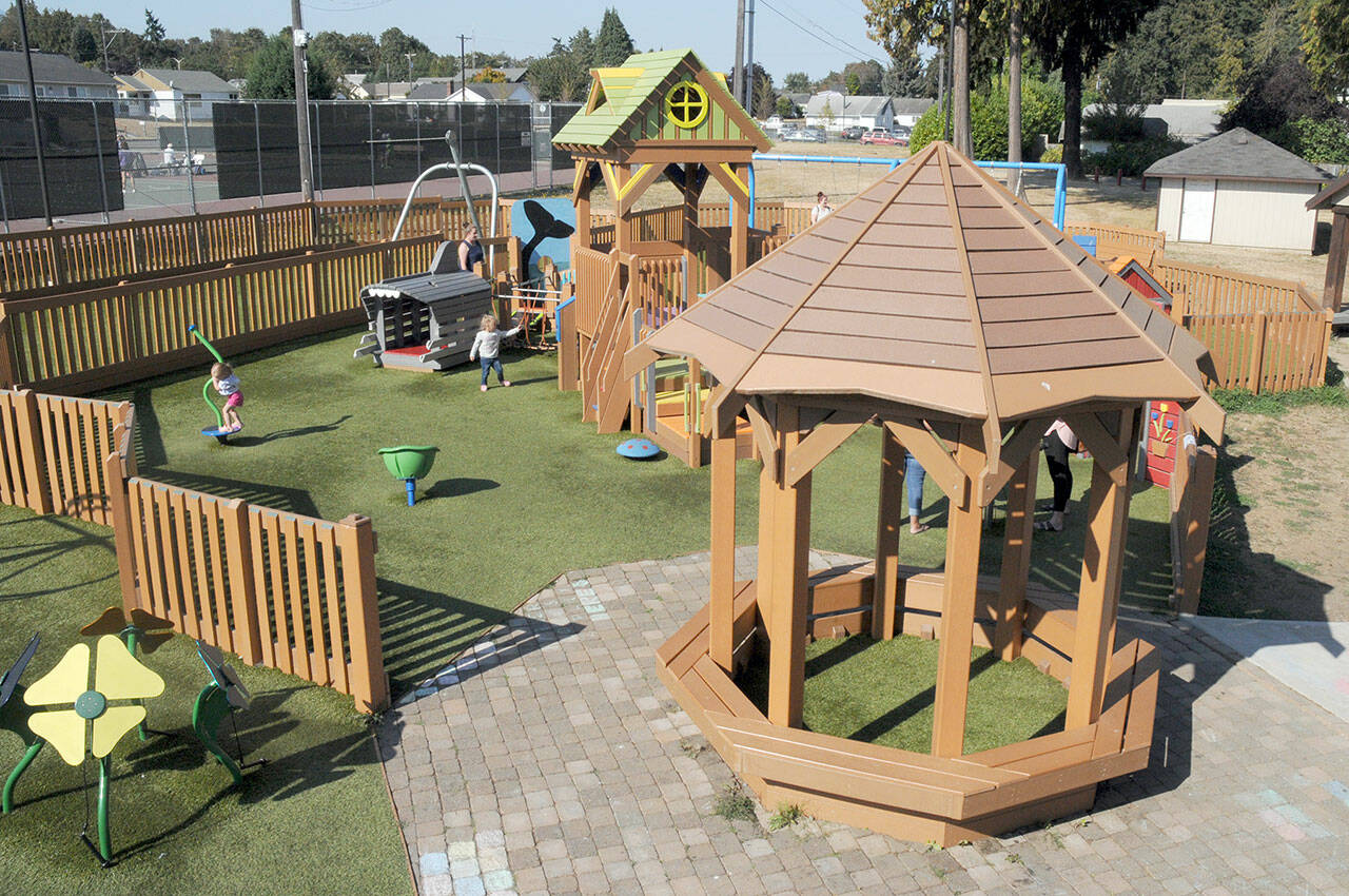 The Dream Playground at Erickson Playfield in Port Angeles, shown on Wednesday, will be closed starting today through Sunday for maintenance, including replacement of a torn section of play surface and installation of donor-sponsored bricks around the gazebo. (KEITH THORPE/PENINSULA DAILY NEWS)
