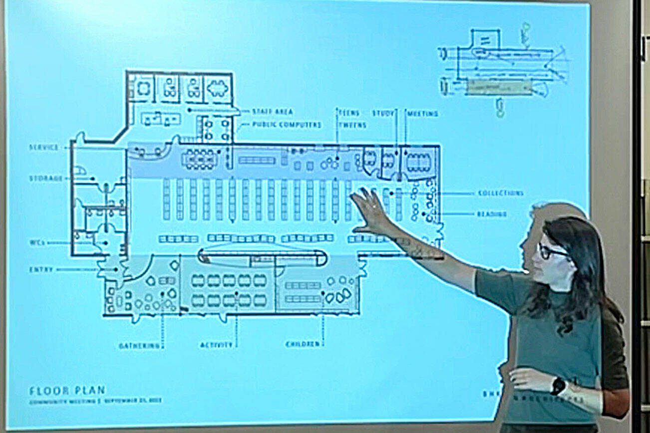 Inside the proposed design for the expansion and remodel of the Sequim Library includes shorter shelving, allowing visitors to see through the building, said Pia Westen, project lead for SHKS Architects. (Matthew Nash/Olympic Peninsula News Group)