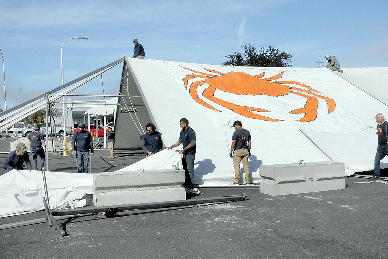 A crew from Bothel-based Grand Event Rentals erects a dining tent in the parking lot of the 48 Degrees North restaurant along the Port Angeles waterfront on Wednesday. The tent will serve as the focal point for food and entertainment for this weekend’s three-day Port Angeles Crab Festival, which begins Friday. (Keith Thorpe/Peninsula Daily News)
