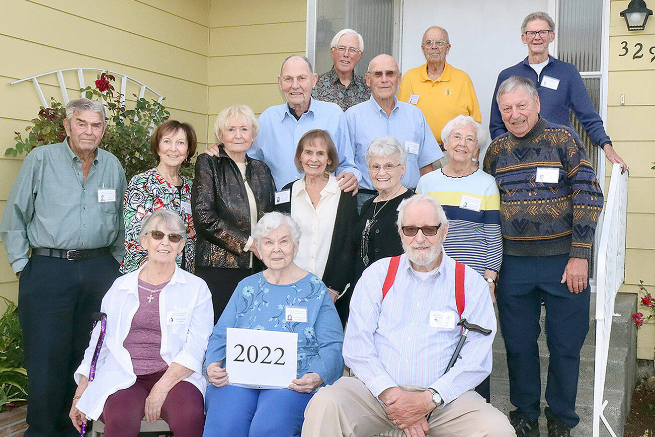 The Roosevelt High School (Port Angeles High School) Class of 1952 held their 70th class reunion recently at the home of Fred Sullivan in Port Angeles. The class went to school in a building where the present day City Hall now sits. It was called Roosevelt High School then. The current high school on Park Ave was built the next year. Only 15 were able to attend from a class of 160 plus back in 1952. Each of the classmates are around 88 years old. 
	ID: front row l to r: Merle Bailey, Gwen Fairchild Potterfield, John Rife. 2nd row: Dick Hopkins, Carol Macklin Moffat, Marilyn Halberg Hill, Lois Grady Edwards, Grey Tozier Pohl, Pat Dotson Stamateou, Mel Kobel, 3rd row: Don Walken, Fred Sullivan. Top row: Dick McLean, Scooter Chapman, Ire Beadle. dlogan
